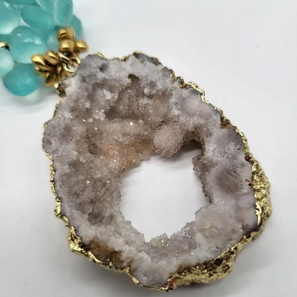 Laura J Finery Gold Plated Brass Necklace Druzy Geode Pendant Teal Gemstones - Picture 6 of 12